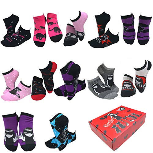 Women's Emily the Strange Black Cat, Skull, and Music Fun Cute Bulk No-Show Socks - 12 Pair (Liner_Emily the Strange_1)