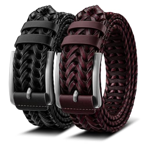 BULLIANT_AJTUS BULLIANT 2-Pack Braided Woven Leather Belts for Men 1 3/8"-Gift Boxed