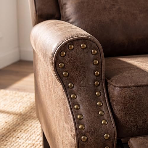 Image of Leather Recliner Chair, Pushback Recliner Chair with Adjustable Backrest Footrest, Mid Modern Reclining with Overstuffed Arms Lumbar Support for Reading, Living Room, Coffee Brown