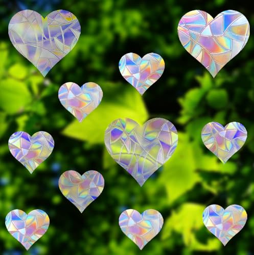 AREAWA 45 Pieces Heart Window Clings - Anti-Collision Window Decals to Save Birds from Window Collisions Non Adhesive Prismatic Vinyl Window Clings Rainbow Stickers