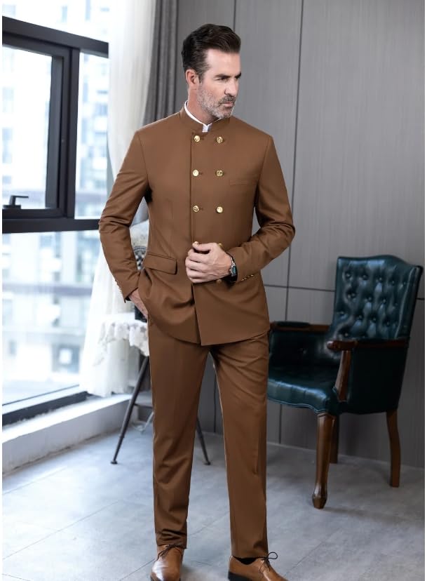 Men 2 Pieces Chinese Tunic Suit Mandarin Collar Suits for Men Gold Button Jacket Pant Set Traditional Wedding3