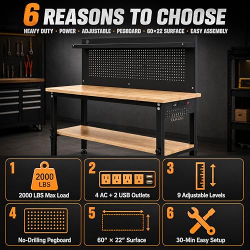 Image of 60'' Adjustable Workbench with Storage Shelf & Pegboard - Max Load 2000 LBS, Heavy Duty Rubber Wood Tabletop Tool Bench with AC /USB Outlet, Garage Organization, Work Benches for Workshop, Office