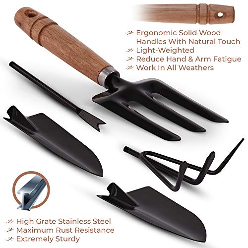 Garden Tools Set - 9 Piece Gardening Kit - Easy to Carry Tote Bag - Pretty Floral Design - Ergonomic Wooden Handle - Heavy Duty - Bonus Gloves and Cutter - Machine Washable - Great as a Gift