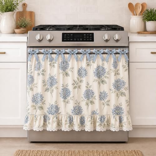Farmhouse Stove Skirt Oven Curtain for Kitchen Decor Cotton Blend Stove Curtain with Lace Ruffle Trim & 9 Ribbon Ties Oven Curtain Cover & Oven Skirt Curtain for Cottage Kitchen (Blue Hydrangea)