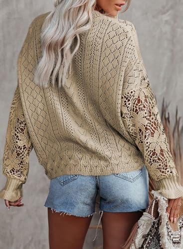 Image of Dokotoo Womens Crewneck Crochet Lace Long Sleeve Hollow Out Cable Knit Sweaters Pullover Tops