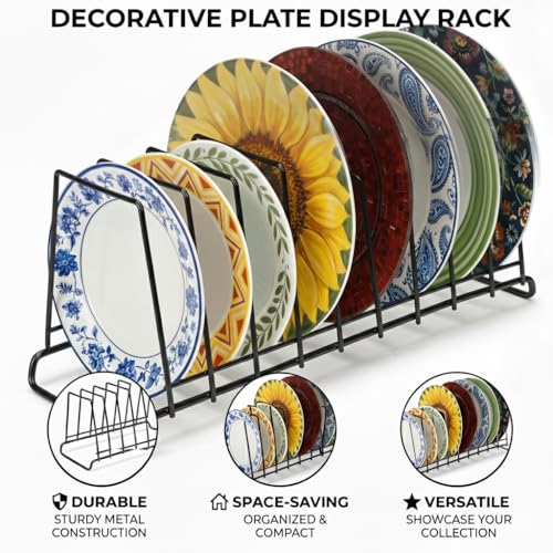 Image of TechSrmaji Premium 9- Section Stainless Steel Plate Stand | Dish Organizer Rack for Kitchen Cabinet & Countertop | Rust Proof 9 Plate Holder for Dishes, Thali & Lids (9-Section) Black