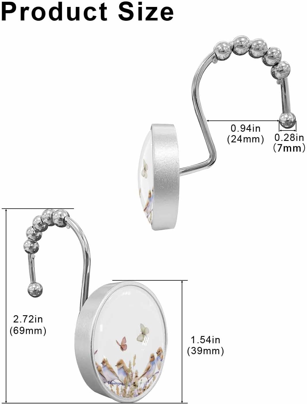 Shower Curtain Hooks 12 Pcs Cute Little Bird and Butterfly Pattern Stainless Steel Rust Proof Rolling Shower Curtain Rings, Decorative Shower Curtain Hooks Hangers for Bathroom