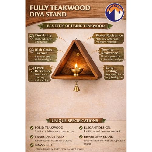 Image of 100% Teakwood Wall Mounted Diya Stand with Brass Bell | Wooden Vilakku Madam for Home Pooja Room, Mandir & Festive Decor (1)