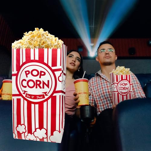 Image of Popcorn Bags, 100 Pcs Paper Popcorn Container Red and White Concession Stand Popcorn Holder Movie Theme Party Supplies