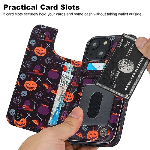 Image of HAOPINSH for iPhone 13 /14 Wallet Case with Card Holder, Halloween Pumpkin Pattern Back Flip Case PU Leather Kickstand Card Slots Case for Women Girls, Double Magnetic Clasp Shockproof Cover 6.1 inch