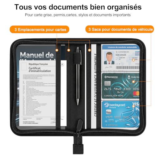 YAVIV Porte Carte Grise Pochette Document Voiture Zippée PU Carbone-Noir – vue 5