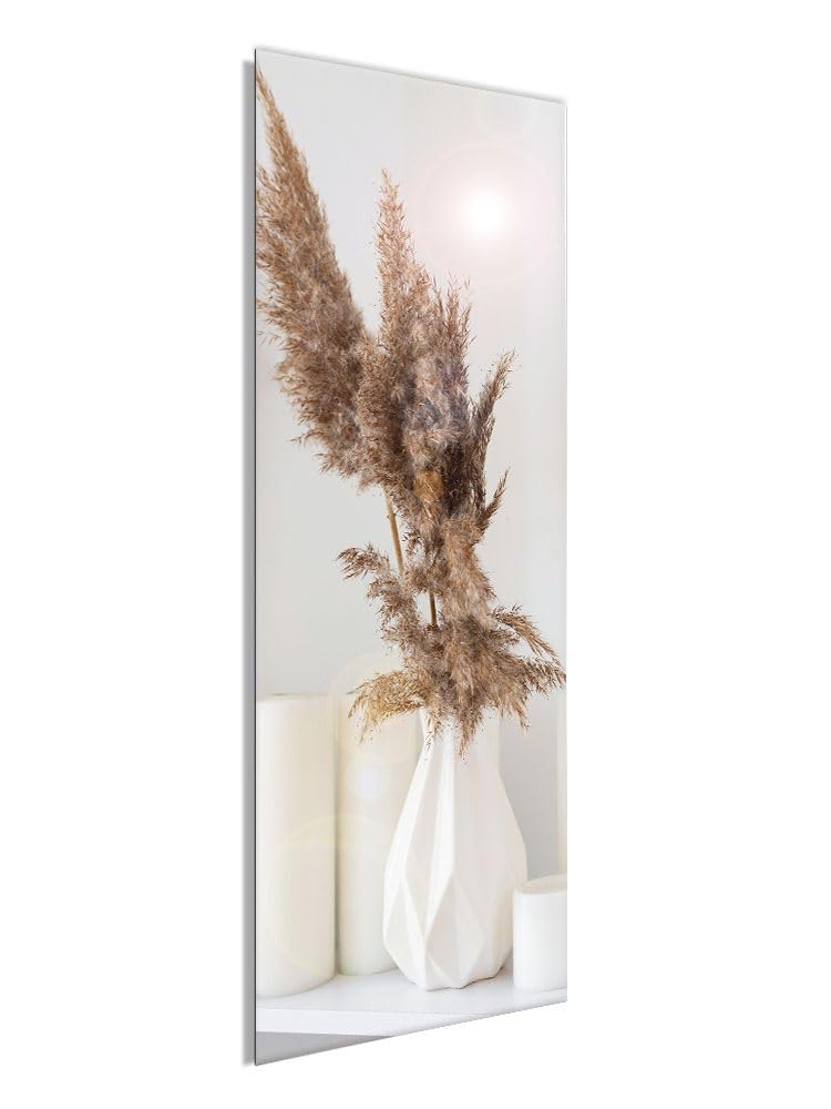 artissimo Bild aus Glas 30x80 cm Stillleben AG5456A – modernes Glasbild Wandbild Hochformat, Wanddeko Wohnzimmer beige weiß, Pampas Boho Stil