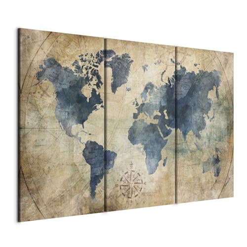 murando - Tableau décoratif Carte du monde 120x80 cm - Impression sur toile colorée - Décoration murale pour salon et chambre - Classique bleu continents cartes rétro monde ancien k-A-0415-b-e