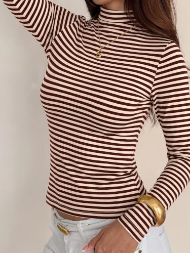 BTFBM Long Sleeve Shirts for Women Turtleneck Striped Shirt,S,Brown - image 3
