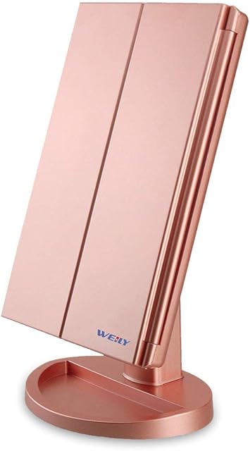 WEILY Lighted Vanity Makeup Mirror 1x/2x/3x Magnification Trifold with 36 LED Lights Touch Screen and USB charging, 180 Degree Adjustable Stand for Countertop Cosmetic Makeup Mirror(Rose Gold)