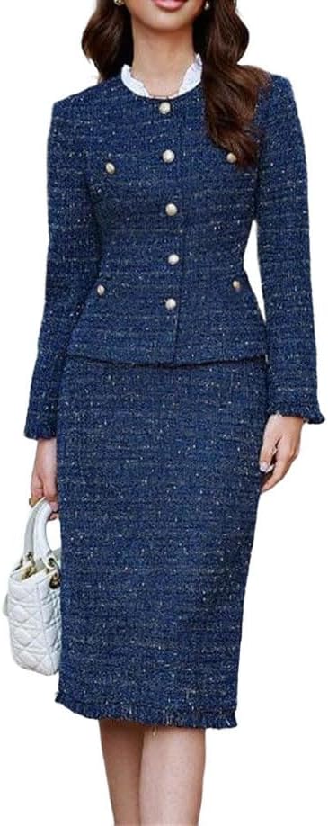 Women Notched Lapel Blazer with Matching Skirt Two Piece Elegant Professional Business Office Outfit