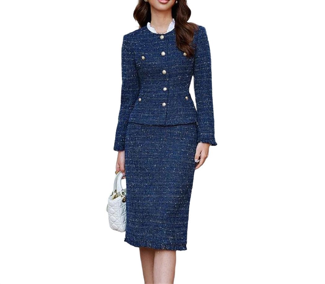 Women Notched Lapel Blazer with Matching Skirt Two Piece Elegant Professional Business Office Outfit