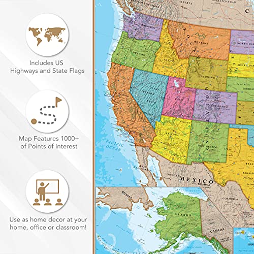 Waypoint Geographic Hemispheres Laminated Usa Wall Map W/Blue Oceans - Easy To Read Up-To-Date Locations, Us Highways, State Flags & Legend - Poster Size Wall Art (Large 38" X 48") - Ships Rolled #TOP3