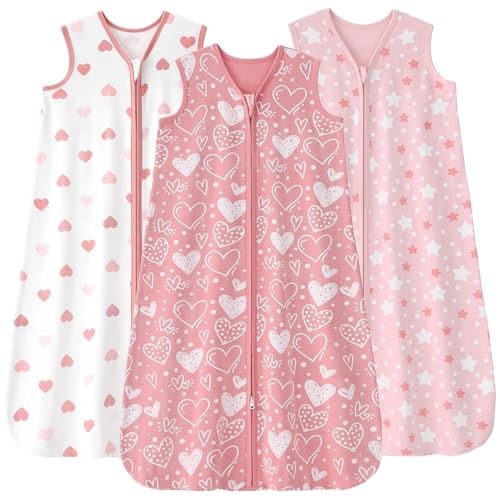 Image of Baby Sleep Sack 12-18 months, 100% Cotton Sleeping Sack for Newborn and Infant, 3 Pack Baby Wearable Blanket for Boy and Girl, 0.5 Tog Lightweight Double Zipper Sleep Bag Pink Heart