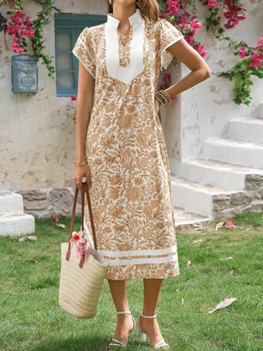 Image of Wenrine Womens Summer Floral Maxi Dress Casual Short Cap Sleeve V Neck Color Block Side Slit Loose Boho Beach Dresses