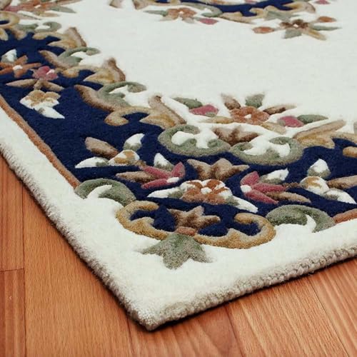 Image of Hand-Tufted Wool Carpet for Living Room 6x8 feet Ivory Blue Traditional Design Anti-Skid High Pile Thick Carpet & Rugs for Bedroom & Hall