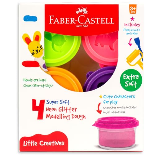 Image of Faber-Castell Neon Glitter Modelling Dough - Pack of 4 Neon Colours | Soft, Non-Sticky, Child-Safe Clay with Glitter | Ideal for Creative Play & DIY Projects