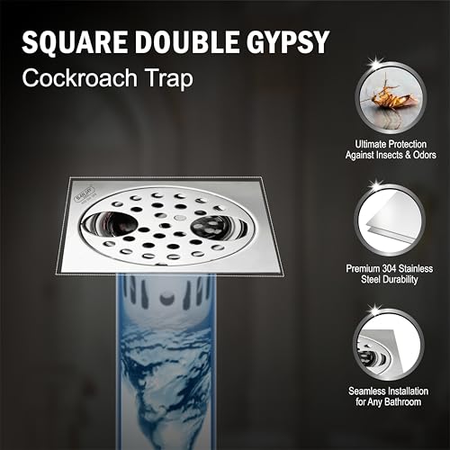Image of Double Hole SS Floor Drain with Cockroach Trap 304 Grade Drainer Strainer Cover Jali Safety from Cockroach & Insects in Sink & Toilet Bathtub (Square Gypsy - 2 Holes - 6x6 Inch)