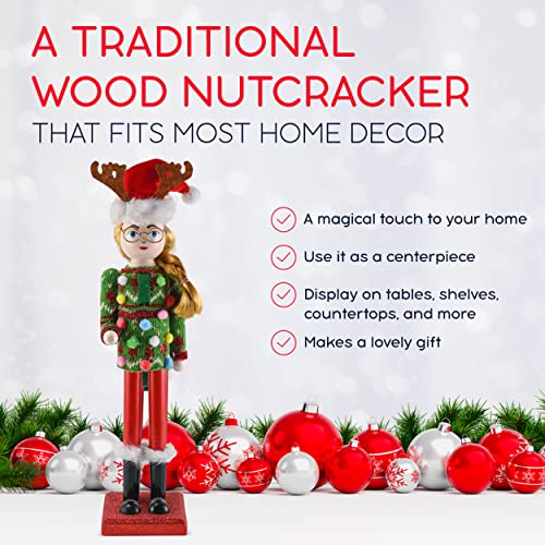 Ornativity Christmas Ugly Sweater Nutcracker – Red and Green Wooden Nutcracker Woman with an Ugly Sweater and Reindeer Hat Xmas Themed Holiday Nut Cracker Doll Figure Decorations 15" - Thumbnail 6