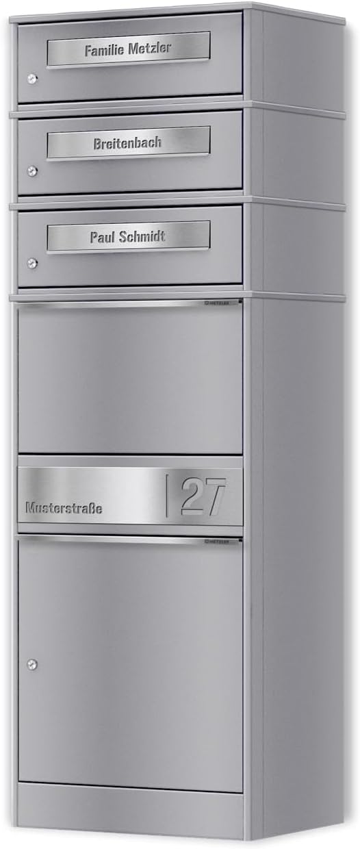 Metzler Paketbox mit 3 Briefkästen – 3er Briefkasten mit Paketfach & Namensgravur, Personalisierte Blenden aus Edelstahl – Outdoor Paketbriefkasten draussen XXL – RAL 9007 Graualuminium - Modell Bispo