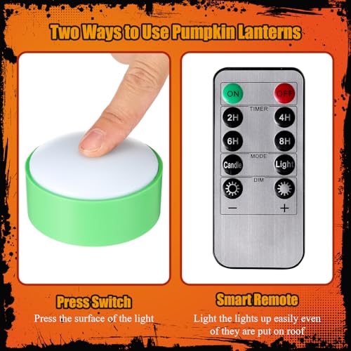 Image of Riakrum 6 Pieces Halloween Remote Timer LED Lights with Remote Summer Halloween LED Pumpkin Lights Battery Operated Lantern Bright Flameless Candle(Green,Warm Light)