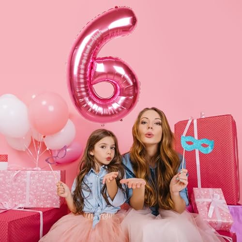 Image of 40 Inch Giant Hot Pink Number Balloon, Mylar Foil Helium Hot Pink Balloons for Birthday Party, Number 6 Balloon for Birthday Decorations, Hot Pink 6 Birthday Balloon