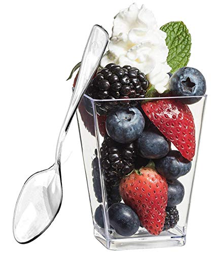Zappy 44 5 oz Tall Square Clear Dessert Cups Dessert Glasses Shot Glasses Trifle Bowl Clear Disposable Plastic Dessert Tumbler Cups Party Cups ( 44 Square Dessert Tumblers )