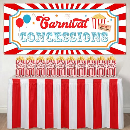 YooNotee 52 Pcs Carnival Circus Party Decorations Concession Stand Supplies Kit with Concession Banner 50 Popcorn Bag 1oz Red and White Striped Table Skirt Movie Night Decor for Carnival Circus Party