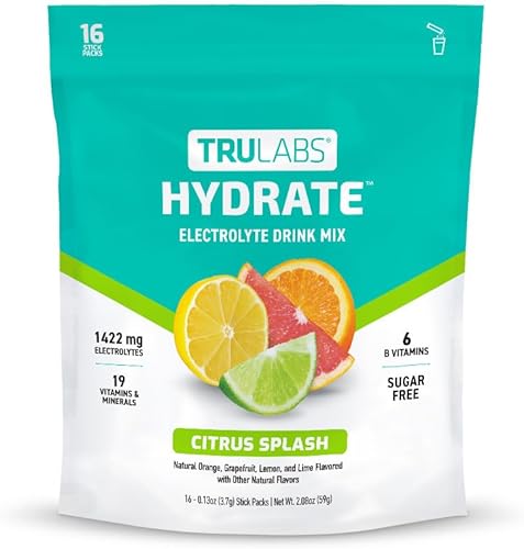 TRULABS Hydrate - Citrus Splash. Paquetes de hidratación de electrolitos sin azúcar. Cada porción contiene 1422 mg de electrolitos y 19 vitaminas y