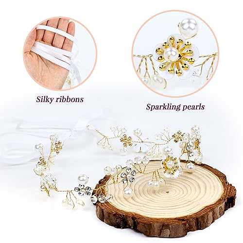 inSowni 3pcs Flower Girl Headbands Pearl Rhinestone Leaf Flower Wedding Bridal Crowns Tiaras Wreaths with Ribbon Vines Headpieces Hair Vine Accessories for Women Girls Teens Kids - Thumbnail 6