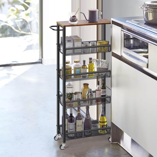 LIANTRAL Carrito de almacenamiento delgado, carrito de almacenamiento de cocina, estantería de cocina con ruedas de 5 niveles, carrito estrecho móvil con mesa de madera para baño, lavandería, lugares - imagen 4