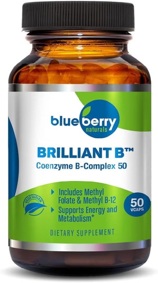 Blueberry Naturals Brilliant B Vegetarian Capsules – 50-Count | Co-enzyme B-50 Complex with Methyl Folate & B12 for Energy Support