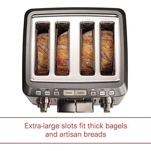 Wolf Gourmet 4-Slice Extra-Wide Slot Toaster with Shade Selector, Bagel and Defrost Settings, Silver Knobs with Black Knob Accessories, Stainless Steel (WGTR124SR)
