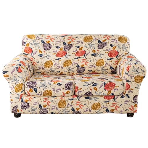 Lamberia Printed Sofa Cover for 2 Cushion Couch High Stretch Sofa Slipcovers 3 Piece Loveseat Slipcover with Two Separate Cushion Covers Elastic Bottom Floral Pattern (Vine Flower, Loveseat)
