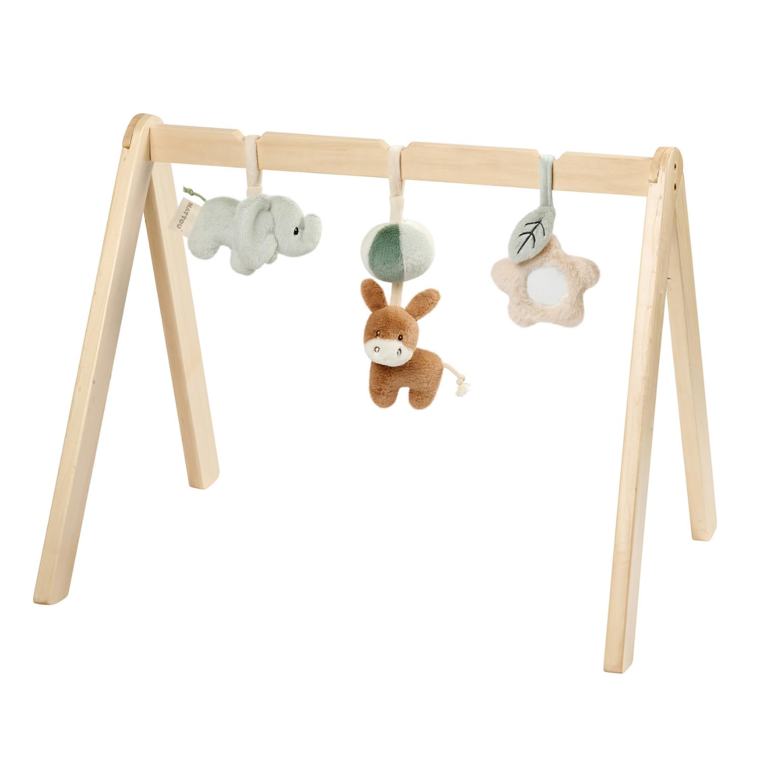 Nattou LouLou Montessori Zabawka Bow Baby - Łuk do aktywności z drewna - Rozwój sensoryczny i motoryczny u niemowląt - 60 x 50 x 47 cm - Miękkie kolory - Zielony - Beżowy - Ecru