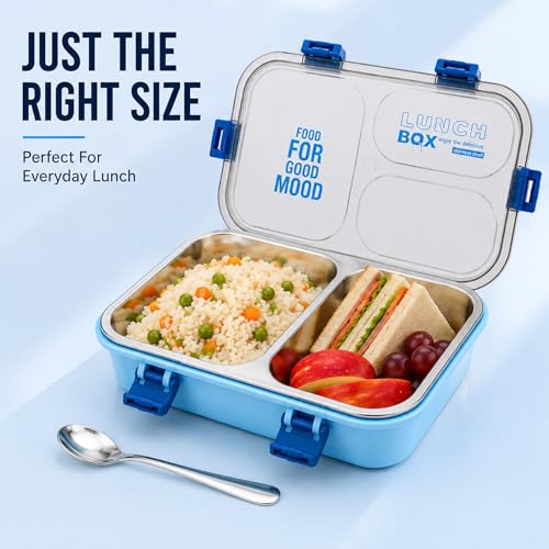 Image of Stainless Steel Lunch Box with 3 Compartments Leak Proof Airtight Lid BPA Free Food Storage Container Durable Portable Bento Tiffin for Kids, School Picnic (2 Compartment Blue)