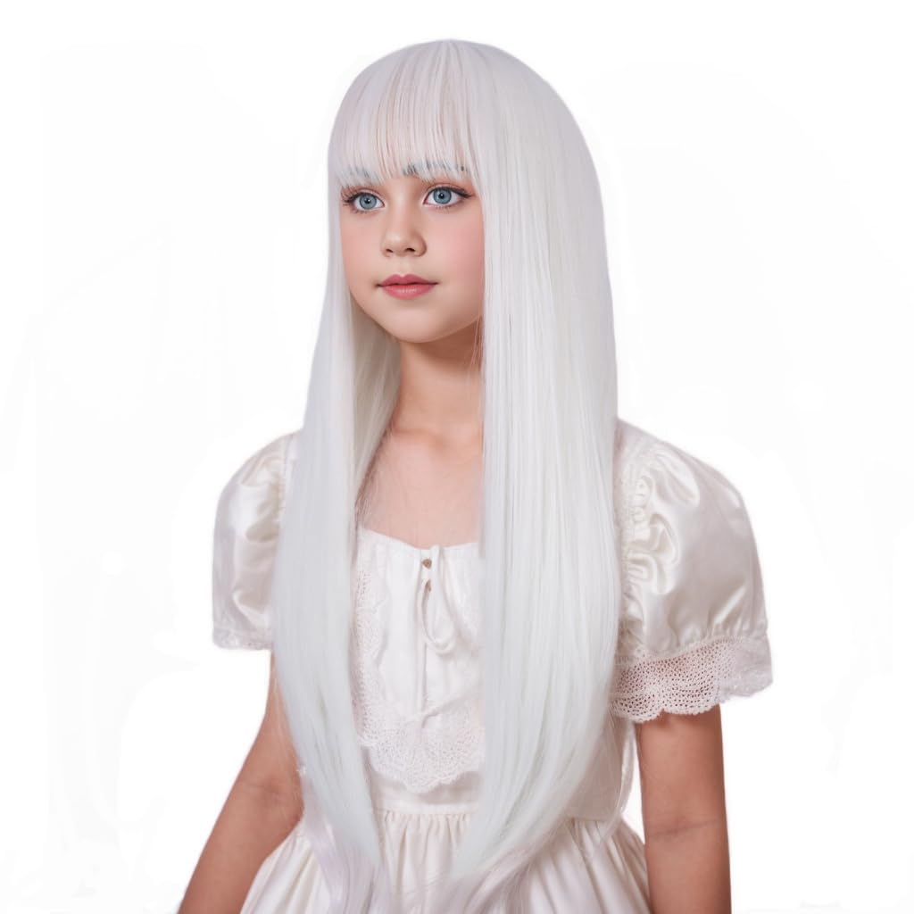 White Wig Long White Wig with Air Bangs Long Straight Wigs Heat Resistant Synthetic Wigs with Cap (Small Size)