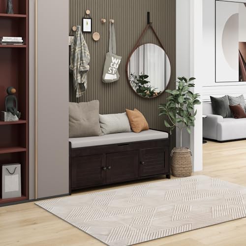 SOFTSEA Storage Bench with 3 Shutter Shaped Doors, Wooden Shoe Bench with Removable Cushion and Hidden Storage Space, Espresso - Thumbnail 4
