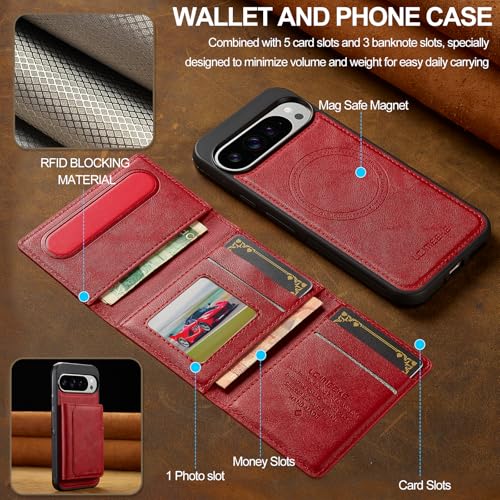HXY Wallet Case for Google Pixel 10 Pro XL, Compatible with MagSafe for Men Women, Detachable Magnetic Wallet Phone Case with Card Slot Holder RFID Blocking for Pixel 10 Pro XL, Red - image 3