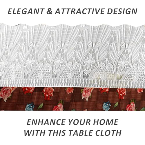 Image of Dakshya Industries 6 Seater PVC Waterproof Dining Table Cover 60x90 Inch | Floral Printed Washable Table Cloth with Lace Border