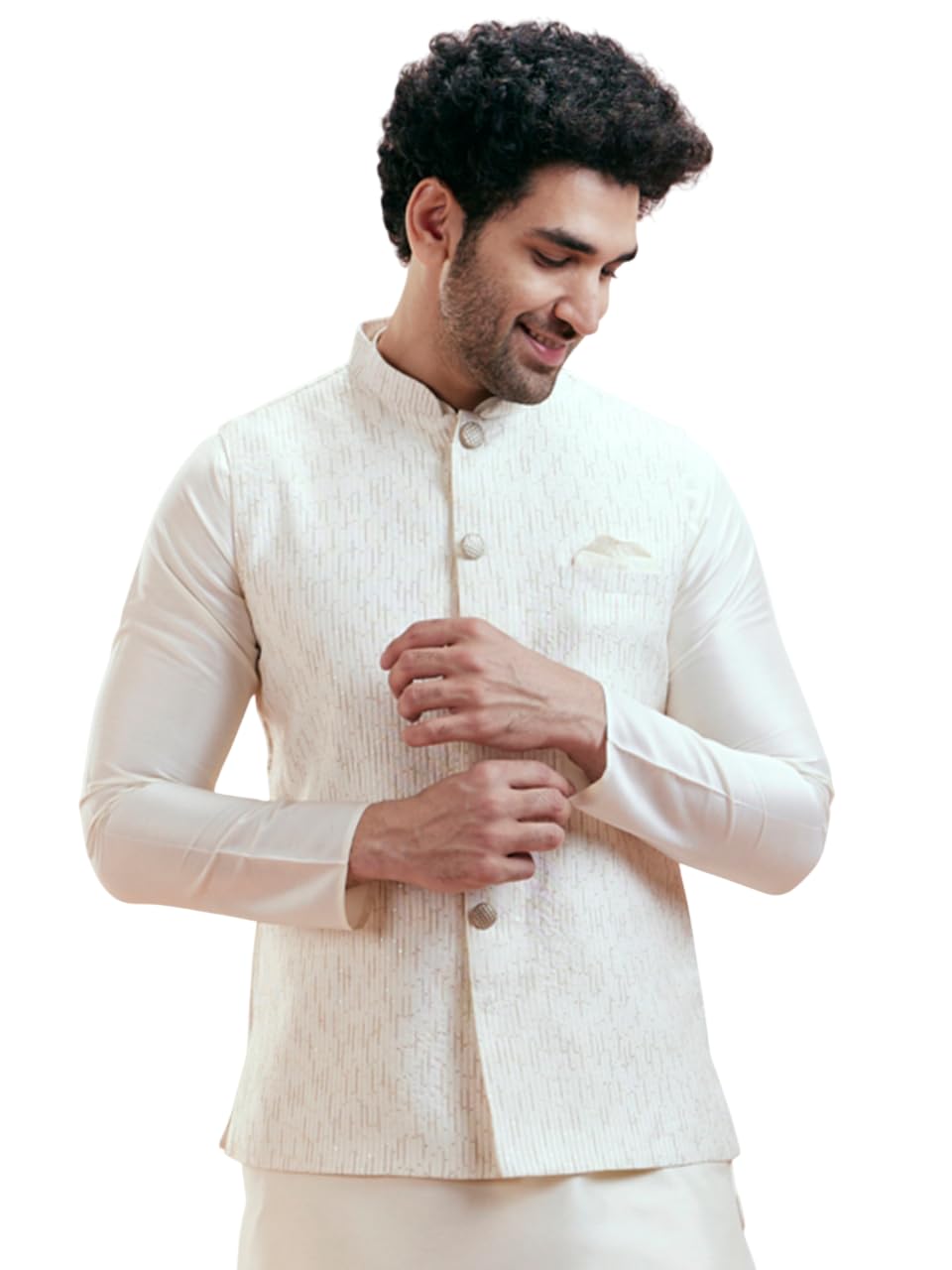 kisah Men's Nehru Jacket, Off white Cotton Blend, Embellished Regular Fit Mandarin Collar Sleeveless-picture-44