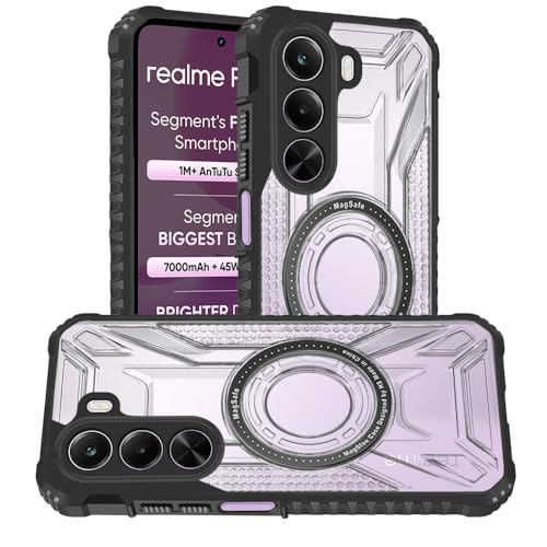 Image of AESTMO Hybrid Shockproof Back Cover Case for Realme P4X 5G Compatible with MagSafe | Hard Back Case Cover for Realme P4X 5G (PC & TPU, Translucent Back, Black Sides)