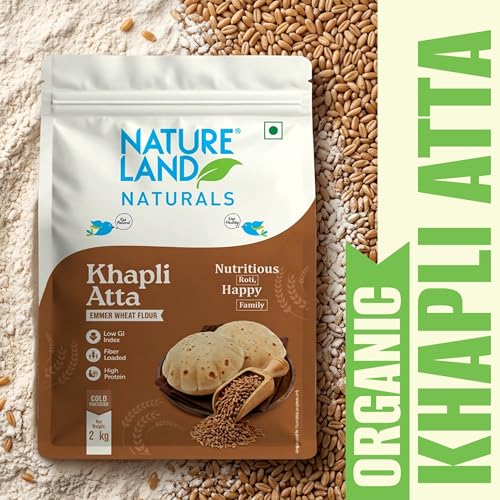 Image of Natureland Naturals Khapli flour 2 kg- Low-Gluten Wheat Flour | High Dietary Fiber for Easy Digestion | Stoneground Emmer | Khapli Atta