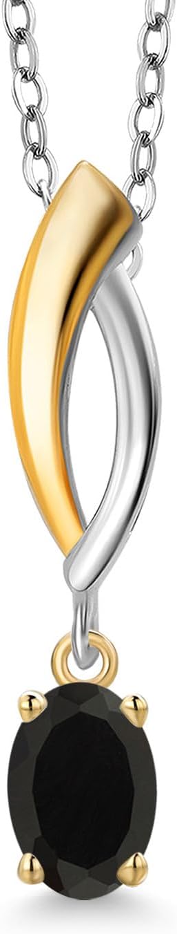 Gem Stone King 925 Silver and 10K Yellow Gold Black Onyx Pendant Necklace for Women | 0.40 Cttw | Gemstone December Birthstone | Oval 6X4MM | With 18 Inch Silver Chain