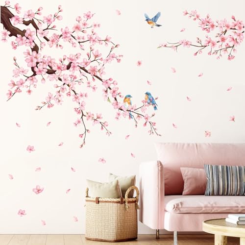 SHUCHING Stickers Muraux Fleur de Cerisier, Autocollant Mural Branche Fleurie Rose, Décoration Murale pour Filles Femmes Chambre Salon